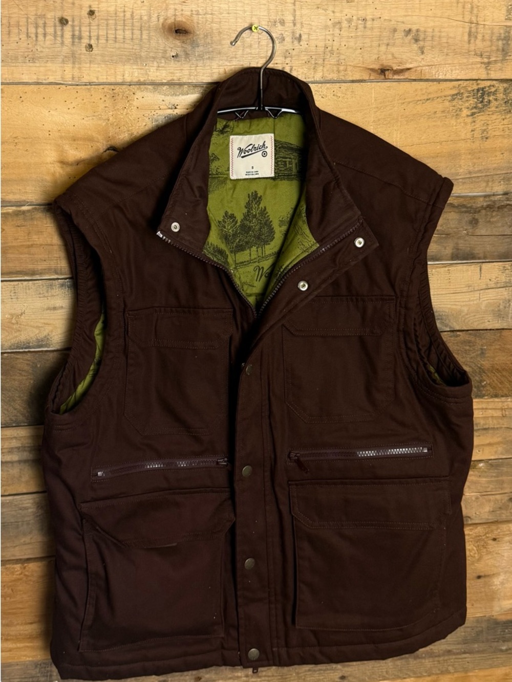 Woolrich Brown Quilted Utility Vest with Green Lining